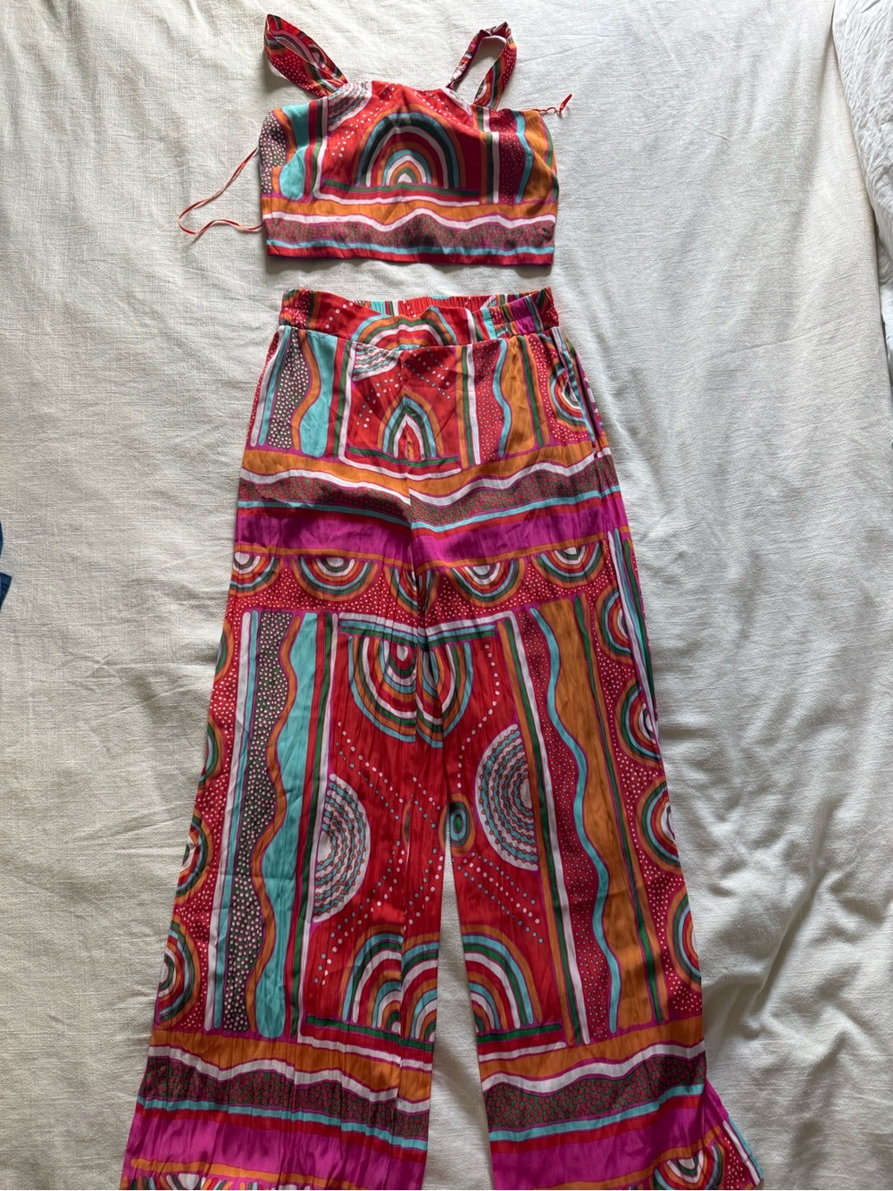 Rose + OliveBright Multicolor Two-Piece Silk Crop Top + Wide Leg Pants Set